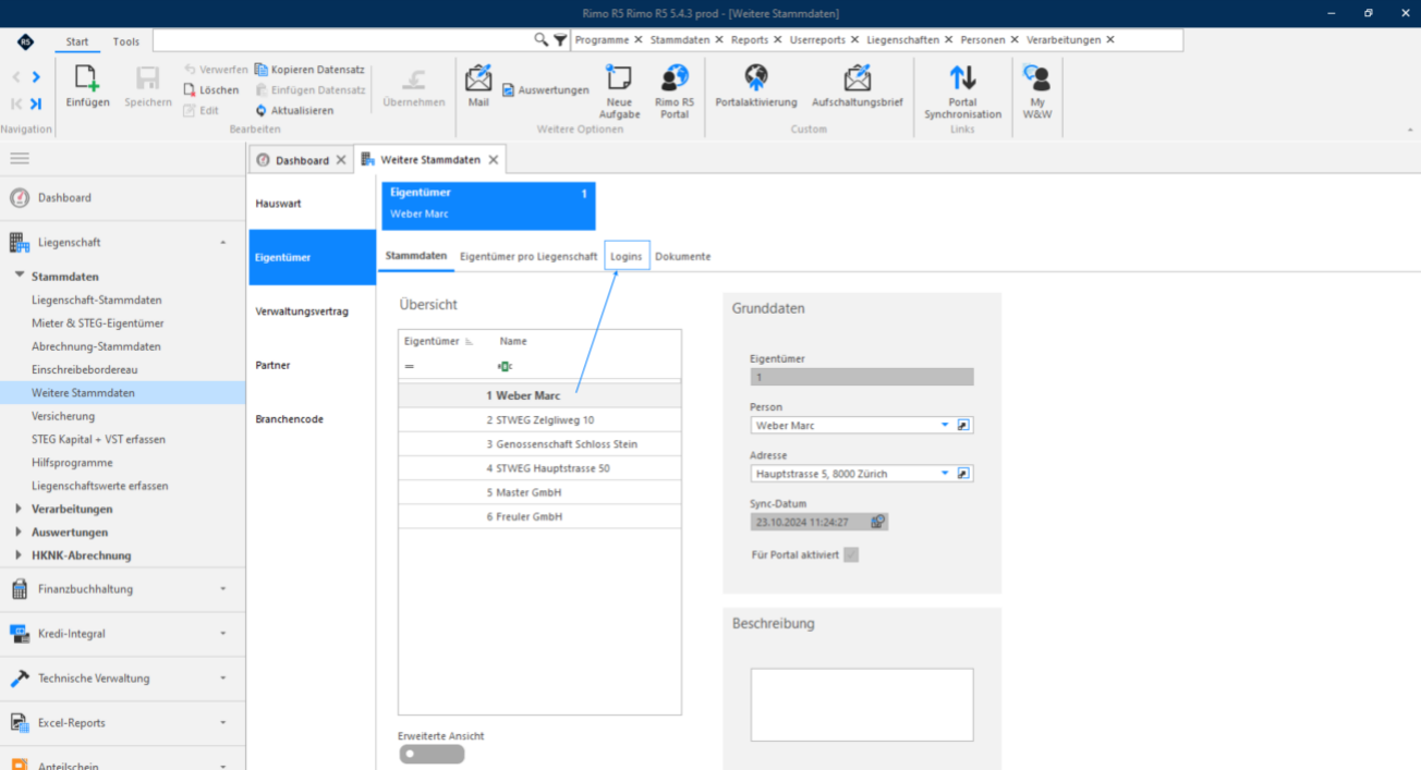 Weitere Stammdaten, Register Eigentümer: der Pfeil zeigt auf das Unterregister «Logins» neben Stammdaten, «Eigentümer pro Liegenschaft» und Dokumente.