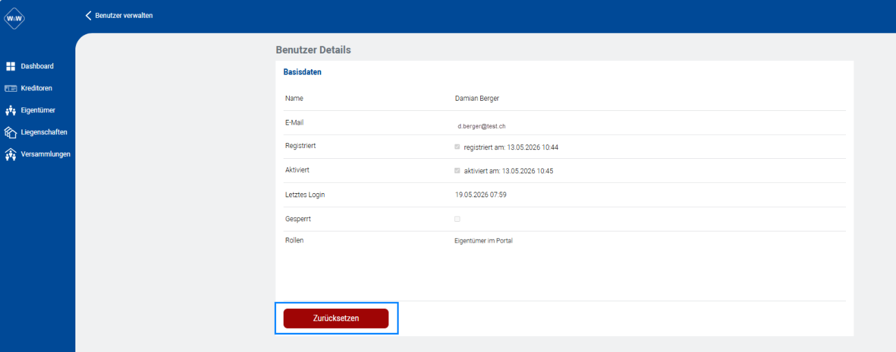 Portal, Seite «Benutzer Details»: Name, E-Mail, Registriert am, Aktiviert am, Letztes Login, Gesperrt und Rolle; unten die rote Schaltfläche «Zurücksetzen», die den Portalbenutzer deaktiviert.