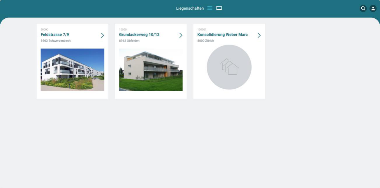 Eigentümer-Portal, Übersicht Liegenschaften: je Liegenschaft eine Kachel mit Nummer, Strasse, Ort und Titelbild; Konsolidierungen erscheinen ohne Bild mit einem Platzhalter-Symbol.