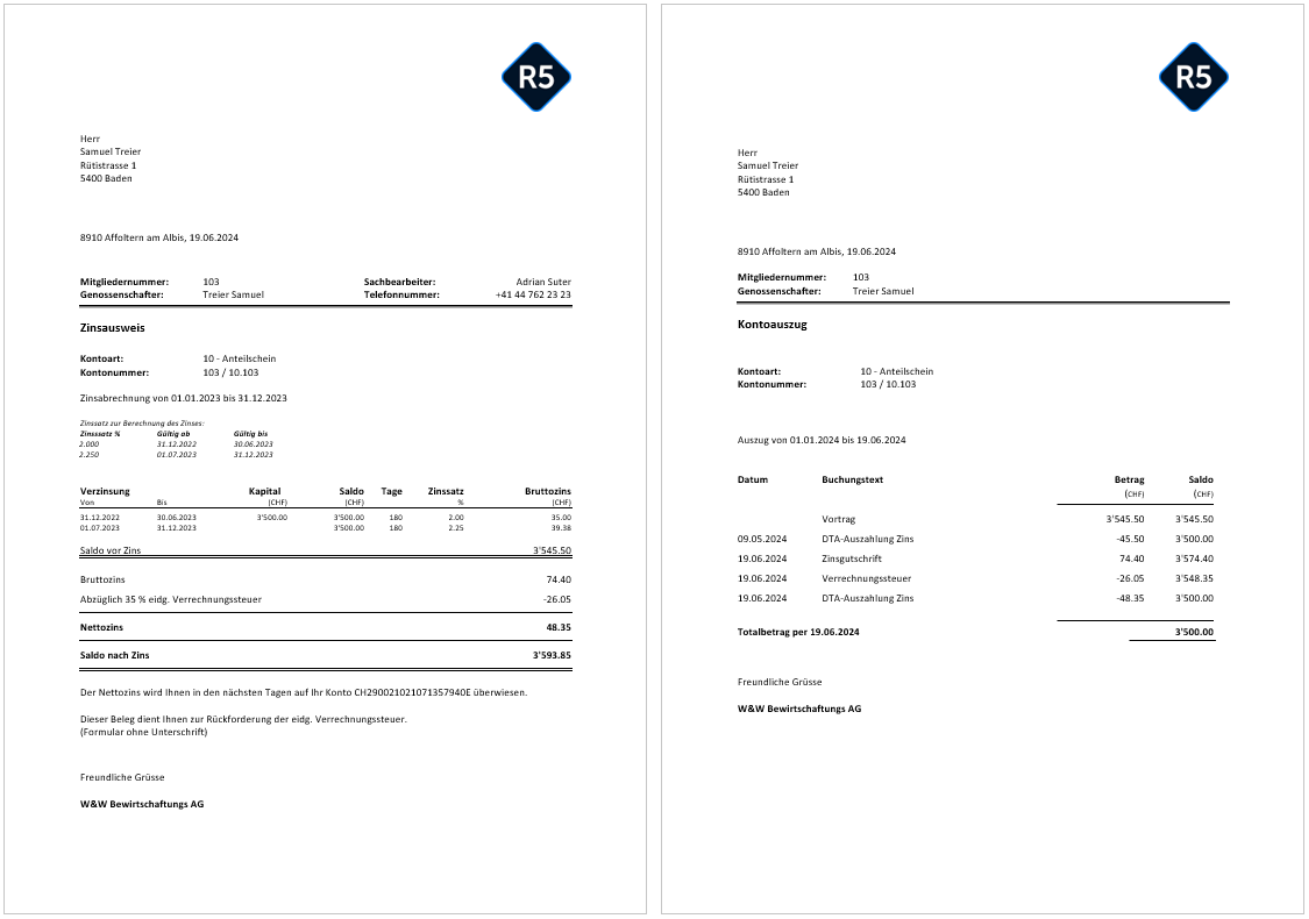 Derselbe Serienbrief mit zusätzlichem Kontoauszug auf der zweiten Seite: Vortrag, DTA-Auszahlung Zins, Zinsgutschrift, Verrechnungssteuer und Totalbetrag per Stichtag.
