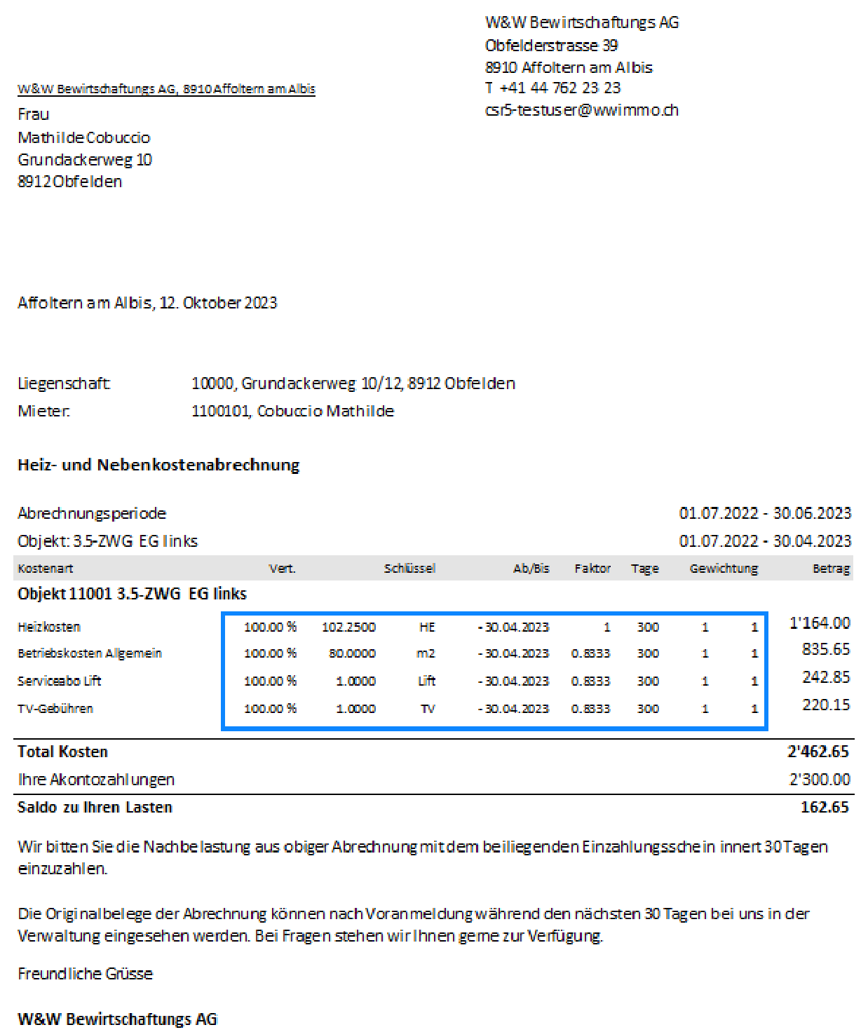 Einzelabrechnung Typ 0 (Standard): je Kostenart Verteilung in Prozent, Schlüsselwert, Schlüssel (HE, m2, Lift, TV), Ab/Bis, Faktor, Tage, Gewichtung und Betrag; darunter Total, Akonto und Saldo.