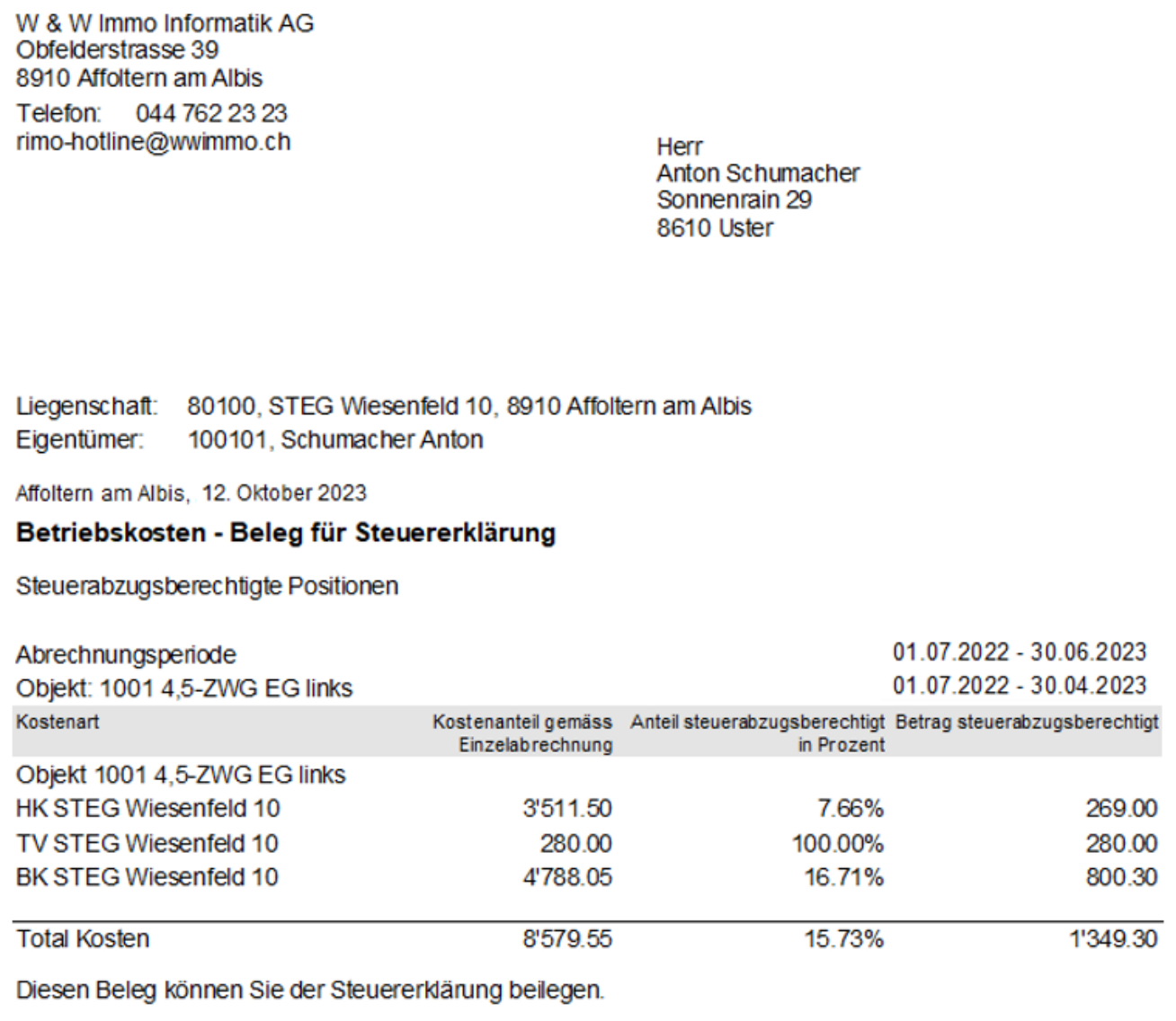 «Betriebskosten – Beleg für Steuererklärung»: je Kostenart der Kostenanteil aus der Einzelabrechnung, der steuerabzugsberechtigte Anteil in Prozent und der abzugsberechtigte Betrag, dazu das Total.