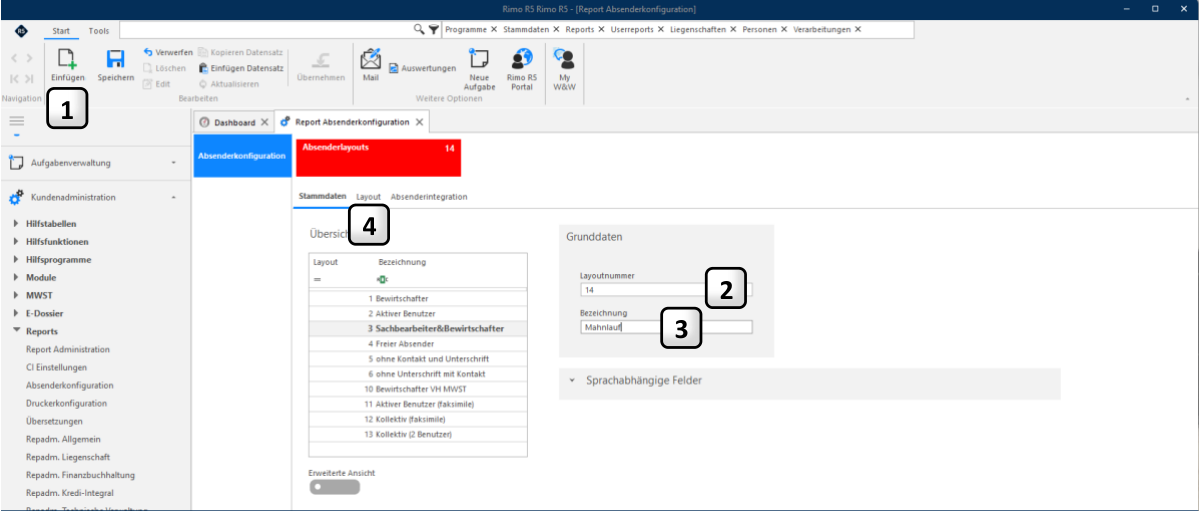 Kundenadministration / Reports / Absenderkonfiguration, Register Stammdaten: 1 «Einfügen», 2 die automatische Layoutnummer, 3 die Bezeichnung, 4 Wechsel ins Register «Layout» ohne zu speichern.