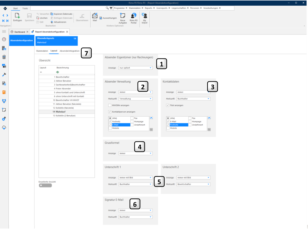 Register «Layout» der Absenderkonfiguration mit den Blöcken 1 Absender Eigentümer, 2 Absender Verwaltung, 3 Kontaktdaten, 4 Grussformel, 5 Unterschrift 1 und 2, 6 Signatur E-Mail.