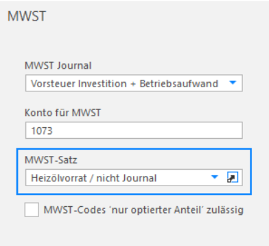 Rollo «MWST» des Kontos «Vorrat Anfang»: Journal «Vorsteuer Investition + Betriebsaufwand», Konto 1073, MWST-Satz «Heizölvorrat / nicht Journal» — der Vorrat geht nicht ins MWST-Journal.