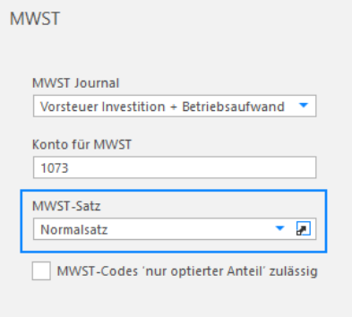 Dasselbe Rollo mit MWST-Satz «Normalsatz» statt «Heizölvorrat / nicht Journal»: so eingestellt zählt der Betrag ins MWST-Journal.