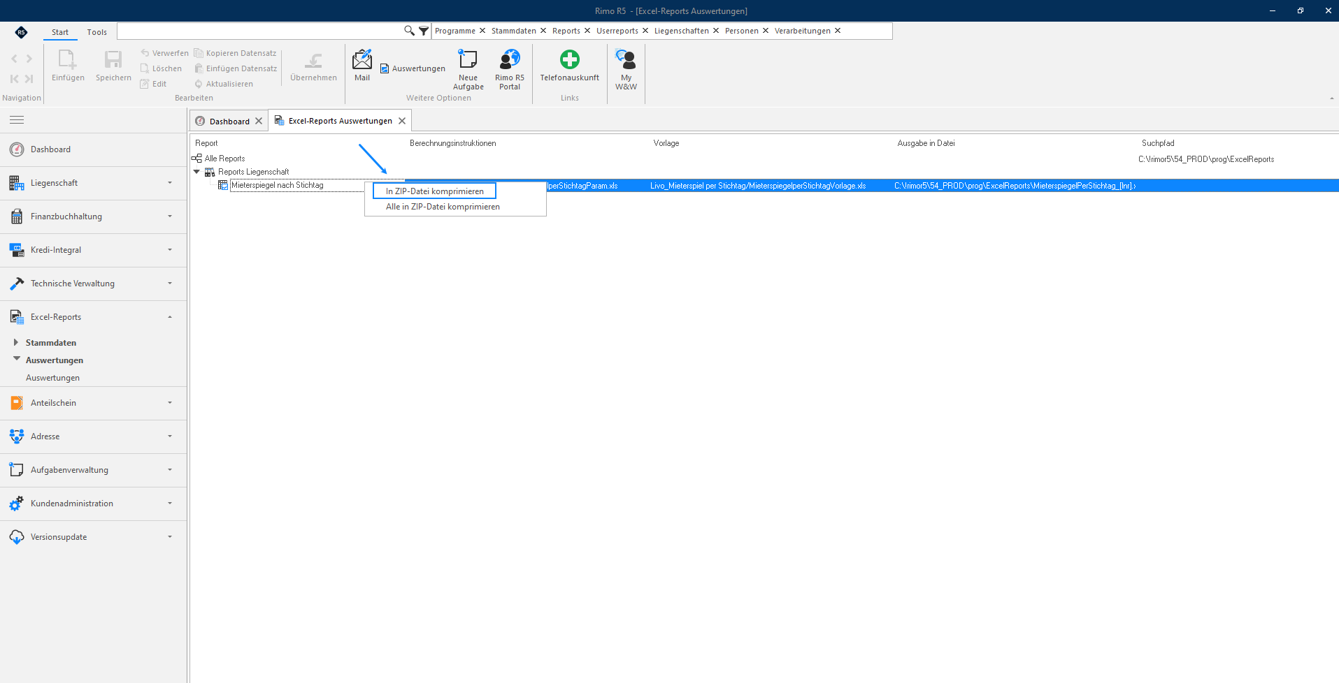 Excel-Reports / Auswertungen / Auswertungen: das Kontextmenü auf einem markierten Report mit den beiden Einträgen «In ZIP-Datei komprimieren» und «Alle in ZIP-Datei komprimieren».