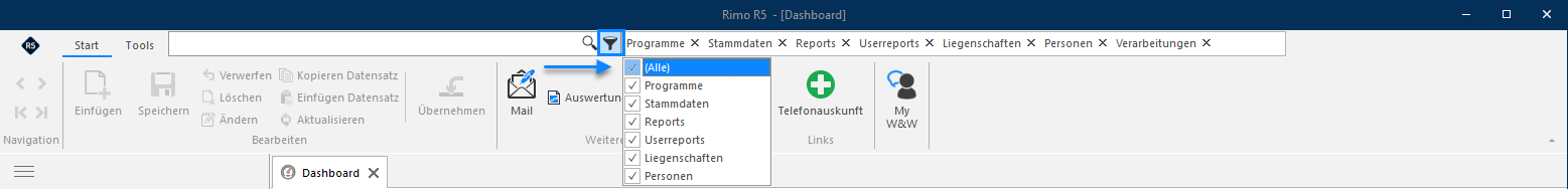 Kopfzeile von Rimo R5 mit aufgeklapptem Filter neben dem Suchfeld: (Alle), Programme, Stammdaten, Reports, Userreports, Liegenschaften und Personen sind einzeln wählbar, hier alle angehakt.