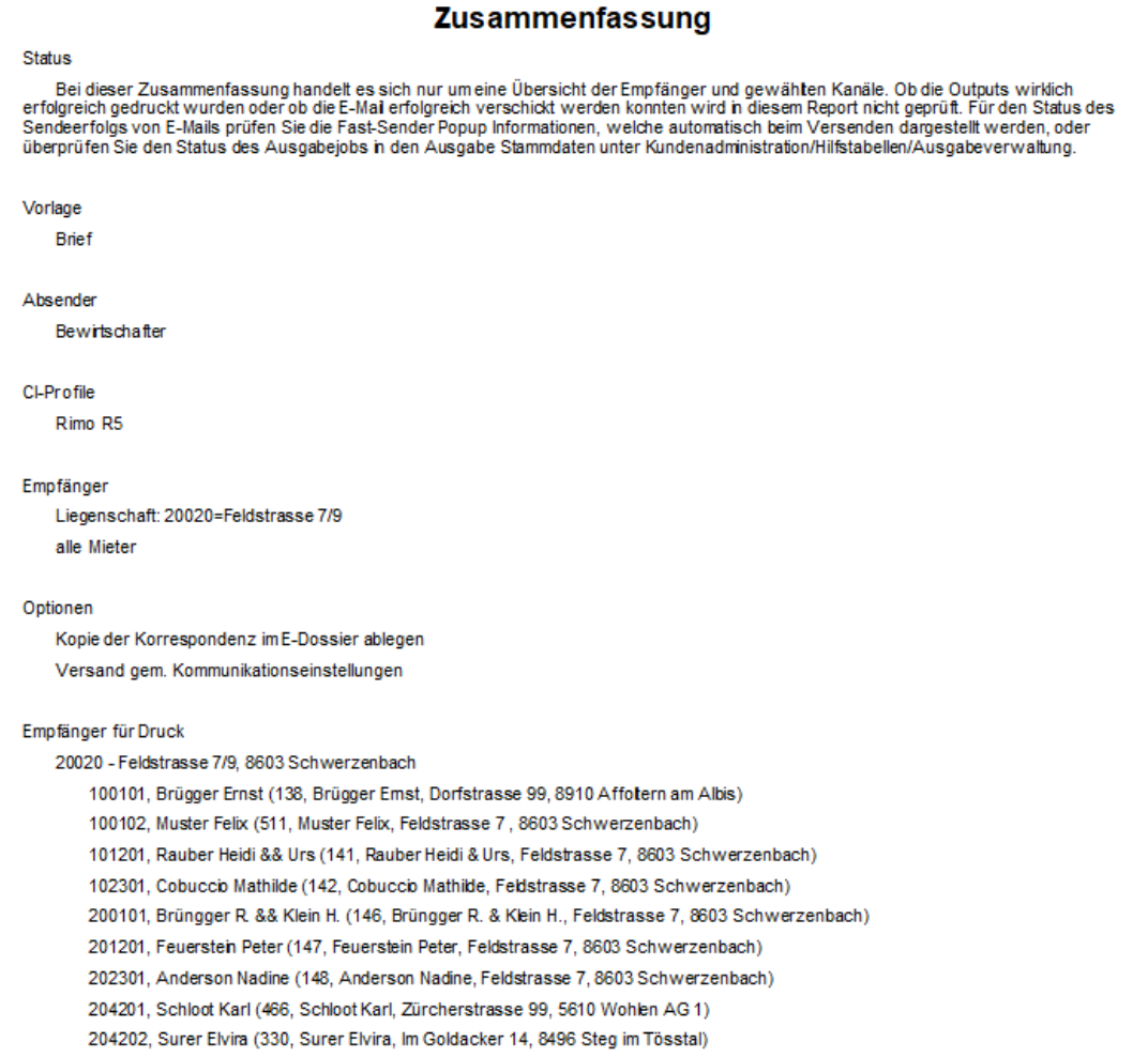 Report «Zusammenfassung» nach der Ausgabe: Vorlage, Absender, CI-Profil, Empfänger, Optionen und die Empfängerliste; der Statusblock warnt, dass der Sendeerfolg hier nicht geprüft wird.