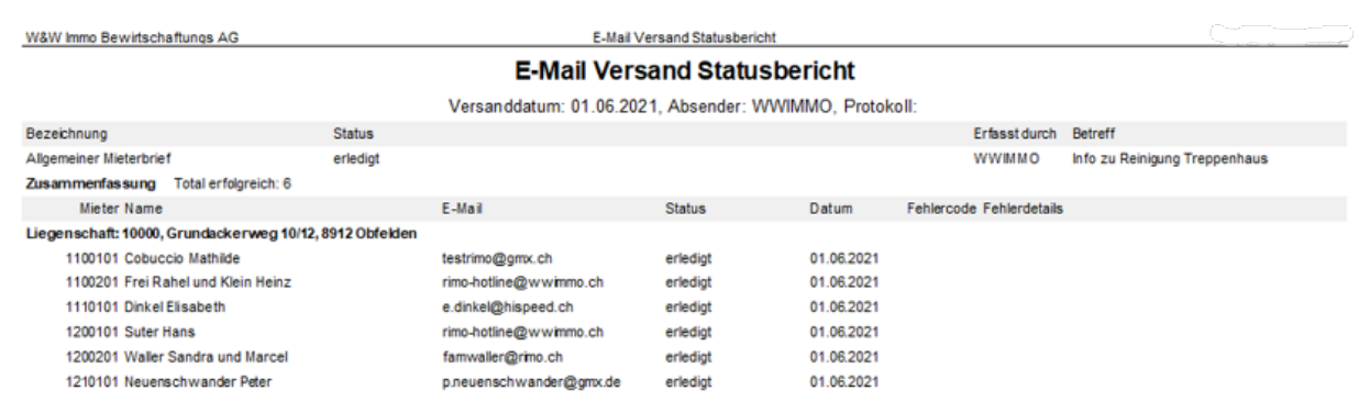 «E-Mail Versand Statusbericht»: Versanddatum, Absender, Betreff, «Total erfolgreich» und je Empfänger Status, Datum sowie die Spalten Fehlercode und Fehlerdetails.