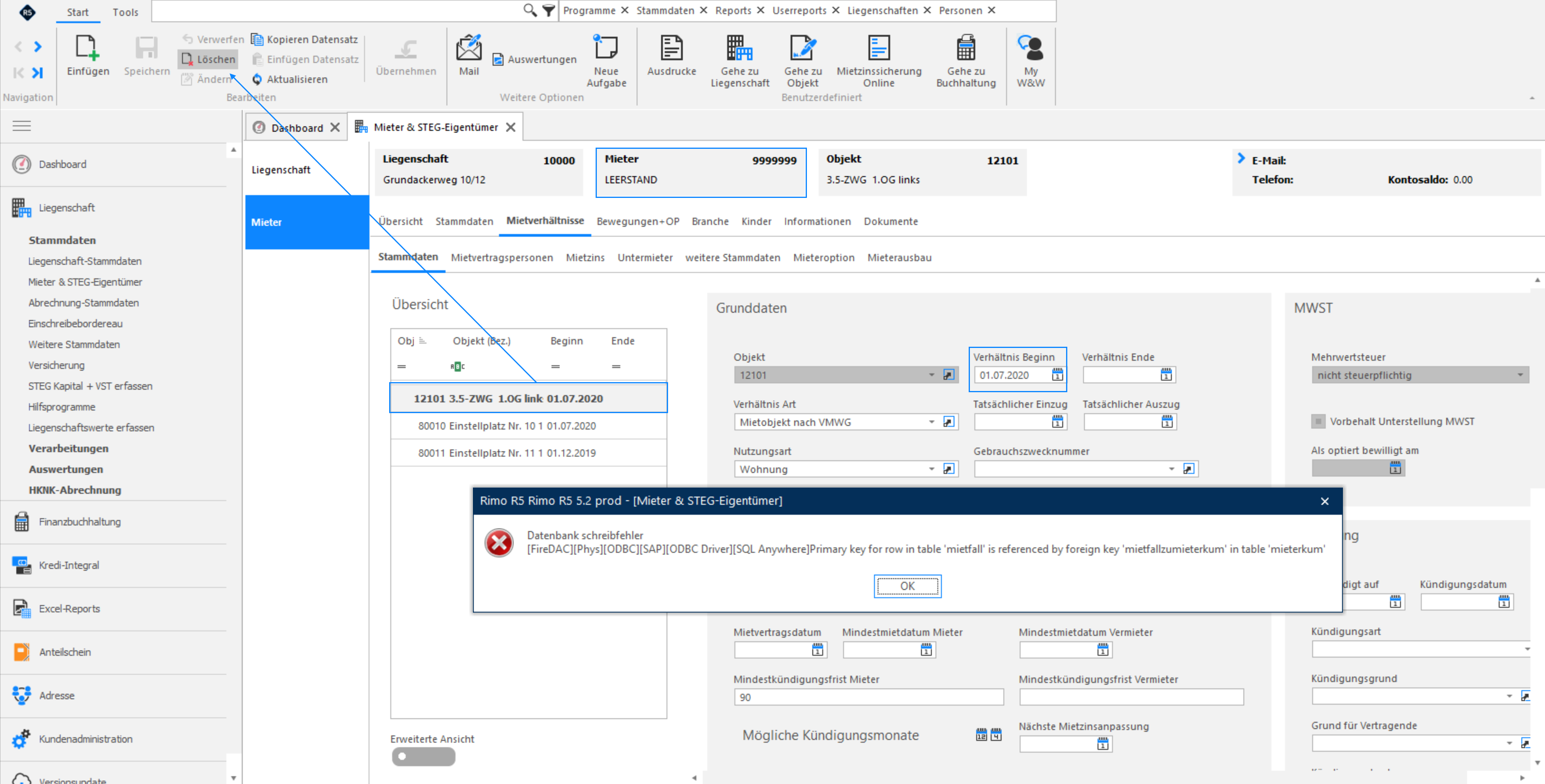 Beim Löschen des Leerstand-Mietfalls erscheint der «Datenbank schreibfehler»: «Primary key for row in table mietfall is referenced by foreign key mietfallzumieterkum in table mieterkum».