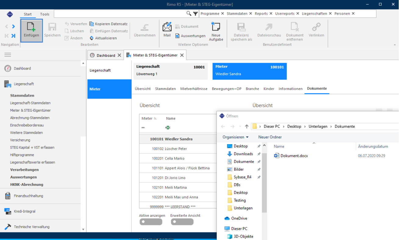Dieselbe Ablage über den Button «Einfügen» (links oben umrandet): der Windows-Dialog «Öffnen» steht offen, aus dem die Datei gewählt und dem E-Dossier hinzugefügt wird.