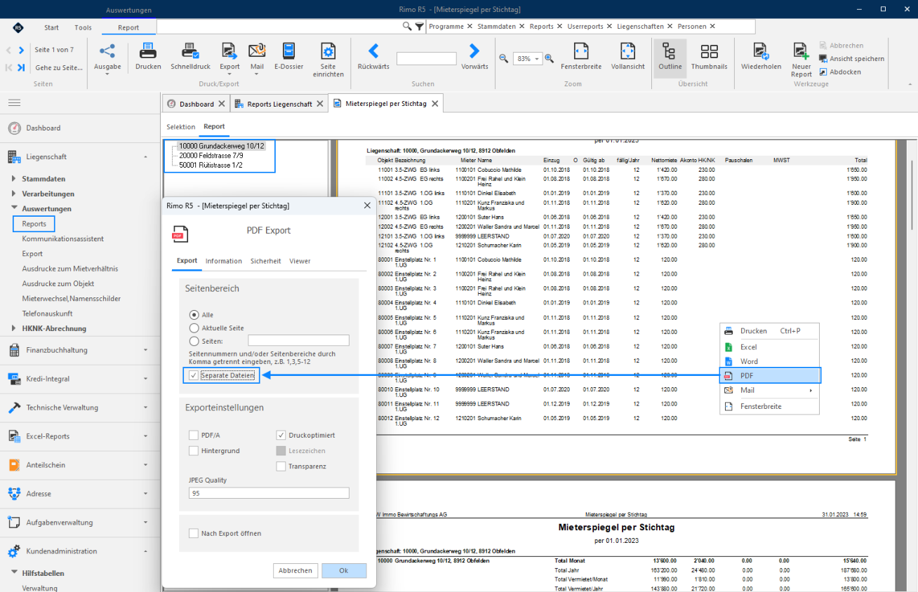 PDF-Export eines Mieterspiegels: im Menü «Ausgabe» ist PDF gewählt, im Dialog «PDF Export» ist unter «Seitenbereich» das Kästchen «Separate Dateien» angehakt; links die drei Liegenschaften.