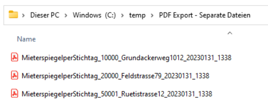 Das Ergebnis im Explorer: je Liegenschaft eine eigene PDF-Datei, benannt nach Report, Liegenschaftsnummer, Bezeichnung, Datum und Uhrzeit.