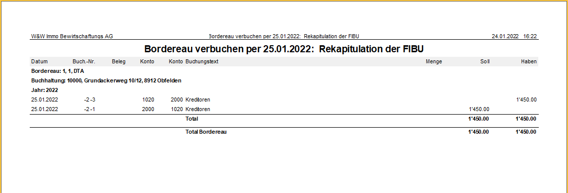 Report «Bordereau verbuchen: Rekapitulation der FIBU» zur reinen Zahlung: zwei Buchungszeilen zwischen Bankkonto und Kreditorenkonto 2000, Soll und Haben gleich hoch.