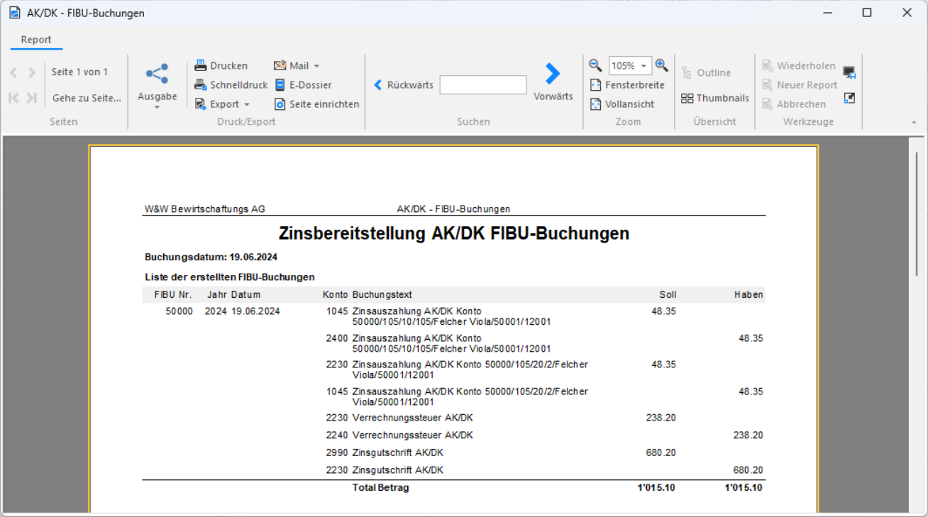 Journal «Zinsbereitstellung AK/DK FIBU-Buchungen»: Zinsauszahlung über 1045/2400 und 2230/1045, Verrechnungssteuer 238.20 über 2230/2240, Zinsgutschrift 680.20 über 2990/2230; Total 1'015.10.