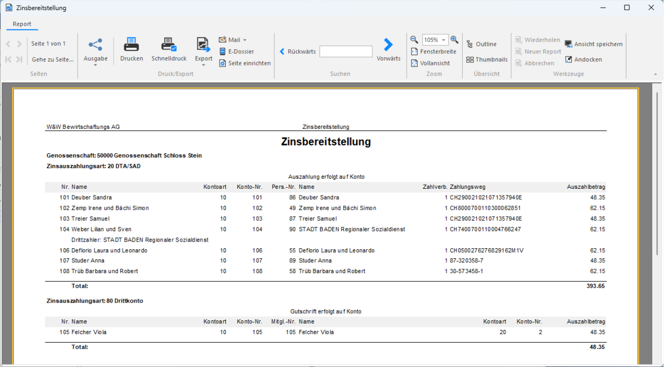 Journal «Zinsbereitstellung», je Zinsauszahlungsart ein Block: «20 DTA/SAD» mit Zahlungsweg und Auszahlbetrag je Konto (Total 393.65) und «80 Drittkonto» mit Gutschrift auf ein anderes Konto (48.35).