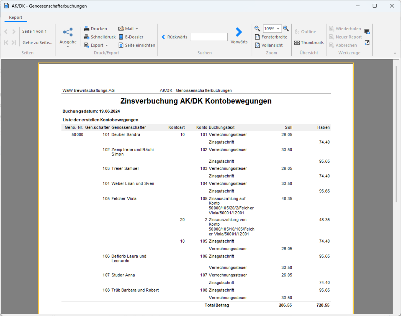 Journal «Zinsverbuchung AK/DK Kontobewegungen»: je Konto eine Zinsgutschrift im Haben und die Verrechnungssteuer im Soll, beim Drittkonto zusätzlich Aus- und Einzahlung; Total 286.55 / 728.55.