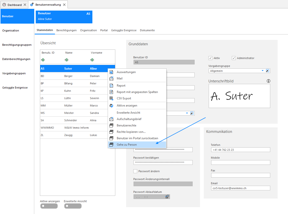 Dieselbe Benutzerliste mit geöffnetem Kontextmenü: neben Auswertungen, Mail, Report, CSV Export und «Benutzer im Portal zurücksetzen» steht zuunterst «Gehe zu Person».