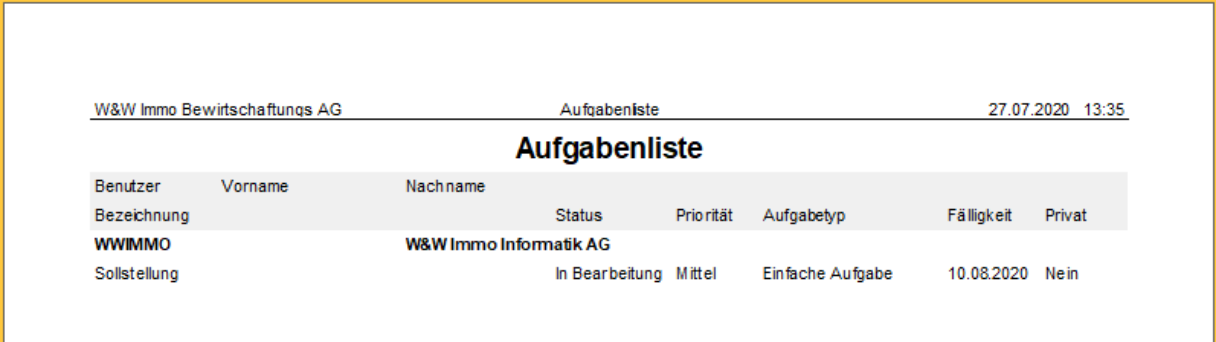 Report «Aufgabenliste»: je Benutzer ein Block, darunter je Aufgabe Bezeichnung, Status, Priorität, Aufgabetyp, Fälligkeit und das Kennzeichen «Privat».