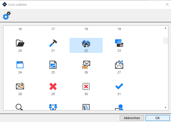 Dialog «Icon wählen»: Raster der verfügbaren Icons mit Nummern, das ausgewählte ist hellblau hinterlegt; bestätigt wird mit OK.