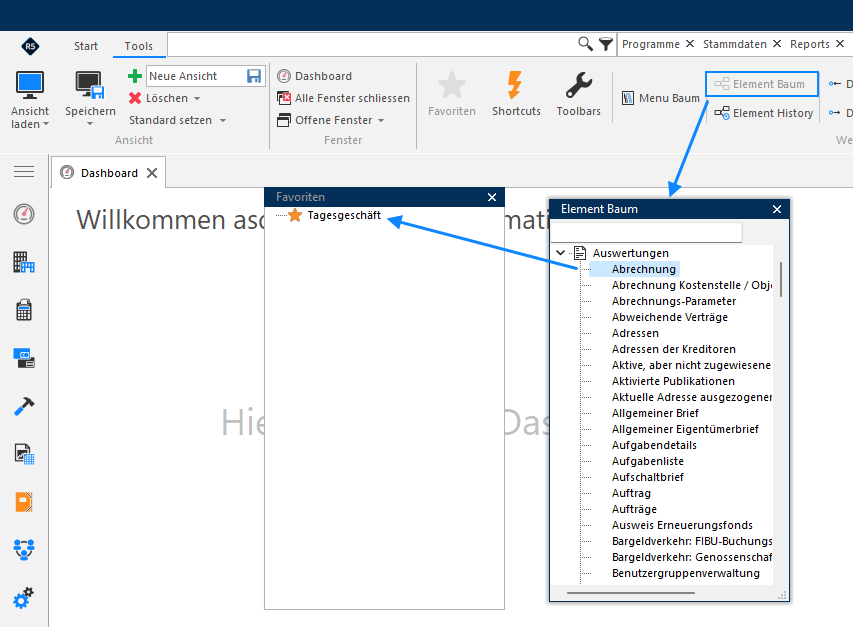 Registerkarte Tools mit gedrücktem «Element Baum»: statt des Menübaums erscheint die alphabetische Liste der Reports, aus der Reports in den Favoritenordner gezogen werden.