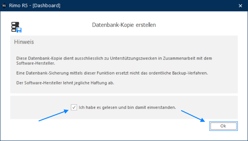 Hinweis-Dialog «Datenbank-Kopie erstellen»: die Kopie dient nur Unterstützungszwecken; Pfeile auf die Checkbox «Ich habe es gelesen und bin damit einverstanden» und auf Ok.