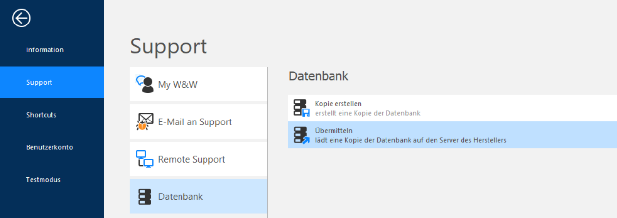 Register Support - Datenbank mit markiertem Eintrag «Übermitteln - lädt eine Kopie der Datenbank auf den Server des Herstellers»