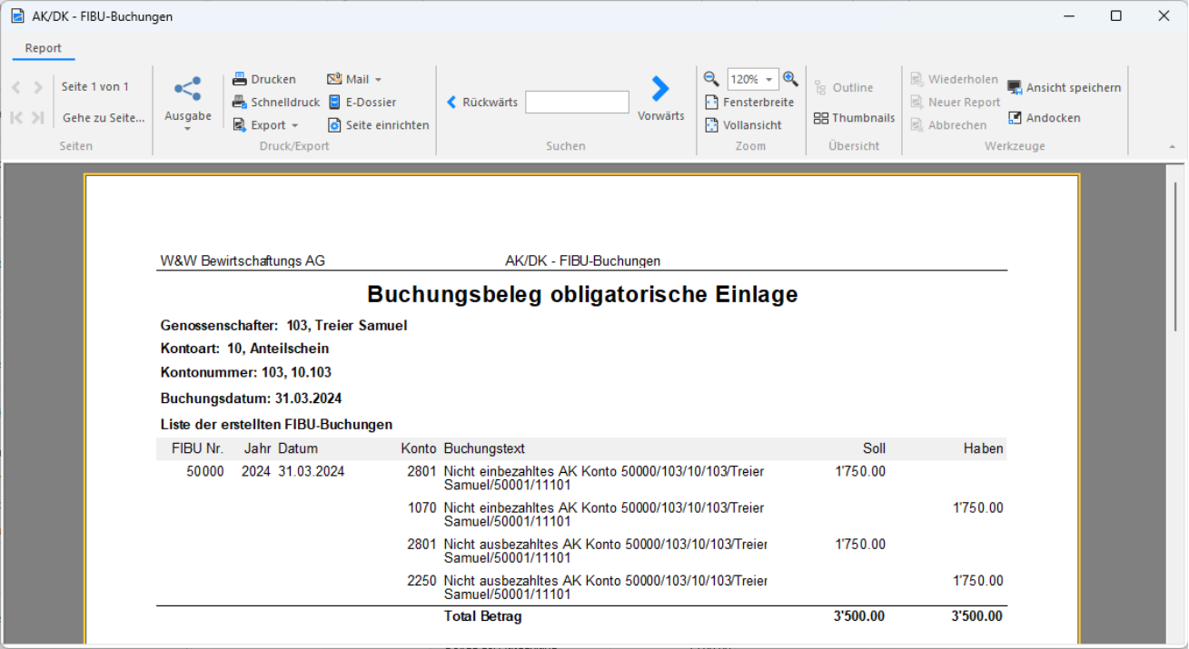Buchungsbeleg obligatorische Einlage im Report «AK/DK - FIBU-Buchungen»: vier Buchungen über die Konten 2801, 1070, 2801 und 2250, je 1'750.00, Total 3'500.00.