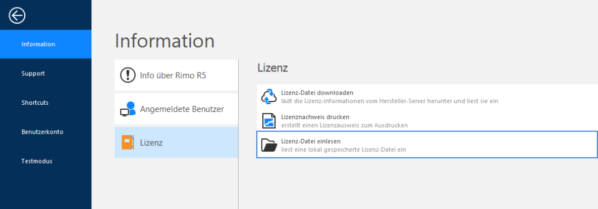 Dieselbe Ansicht «Information / Lizenz», hier ist «Lizenz-Datei einlesen» markiert - liest eine lokal gespeicherte Lizenz-Datei ein.