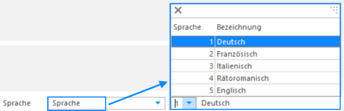 Ausschnitt derselben Maske mit der Option «Sprache»: zweites Auswahlfeld mit 1 Deutsch, 2 Französisch, 3 Italienisch, 4 Rätoromanisch, 5 Englisch - übersteuert Liegenschaft, Fibu oder Mieter.