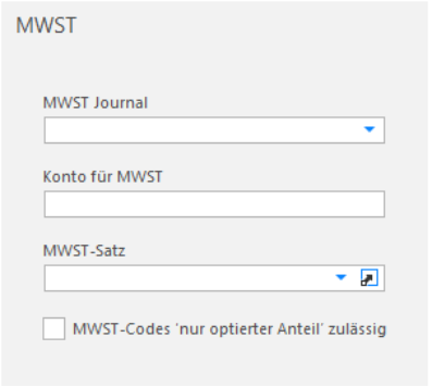 Rollo «MWST» der Kontostammdaten: MWST Journal, Konto für MWST, MWST-Satz und das Kästchen «MWST-Codes nur optierter Anteil zulässig» sind alle leer — ein Konto ohne Mehrwertsteuer.