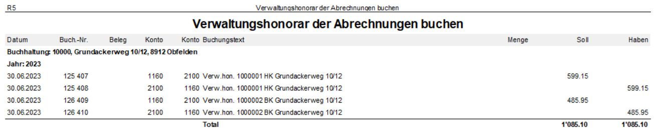 Report «Verwaltungshonorar der Abrechnungen buchen», Variante ohne Kreditorenrechnung: je Abrechnung zwei Buchungen über die Konten 1160 und 2100, Total 1'085.10 auf beiden Seiten.
