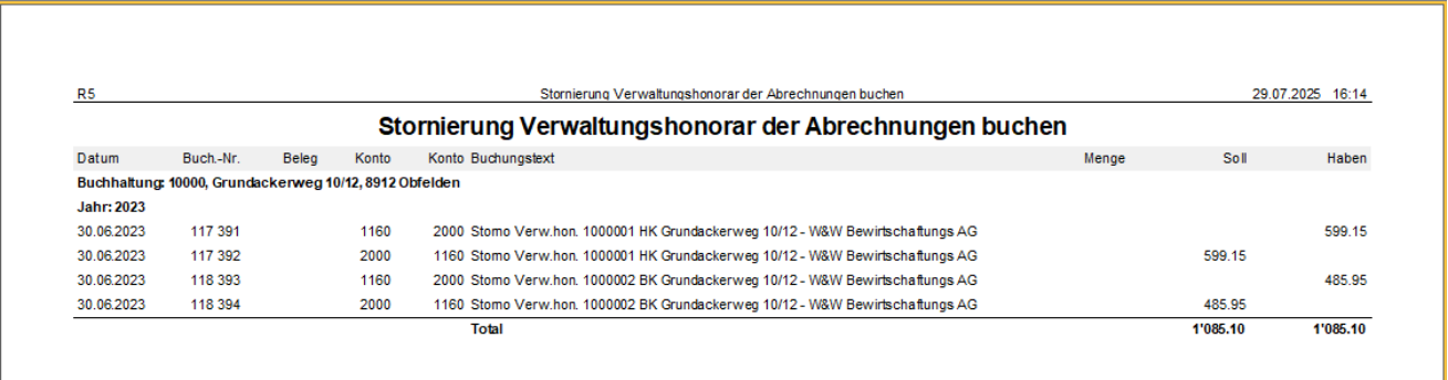 Report «Stornierung Verwaltungshonorar der Abrechnungen buchen»: dieselben vier Buchungen wie beim Verbuchen, aber mit vertauschten Seiten; Total 1'085.10.