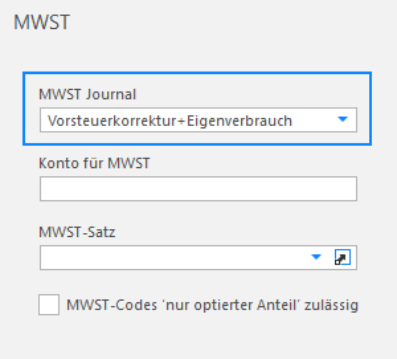 Rollo «MWST»: im blau umrandeten Feld «MWST Journal» ist «Vorsteuerkorrektur+Eigenverbrauch» gewählt; Konto für MWST und MWST-Satz bleiben leer.