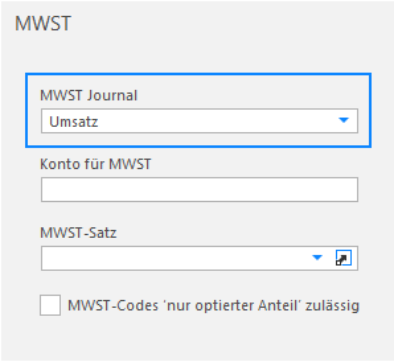 Rollo «MWST»: im blau umrandeten Feld «MWST Journal» steht «Umsatz», die Felder Konto für MWST und MWST-Satz sind noch leer — der Zustand eines FIBU-Kontos ohne Umsatzsteuer.