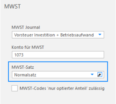 Dasselbe Rollo für ein Konto mit vollem Vorsteuerabzug: MWST Journal «Vorsteuer Investition + Betriebsaufwand», Konto für MWST «1073», und im blau umrandeten Feld MWST-Satz steht «Normalsatz».