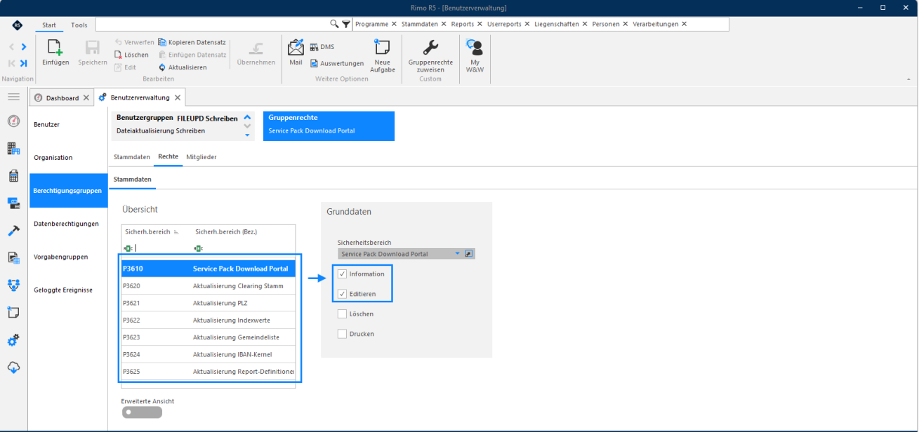 Register Rechte der Gruppe FILEUPD Schreiben: die Sicherheitsbereiche P3610 bis P3625, von Service Pack Download bis Report-Definitionen; rechts Information und Editieren angehakt.