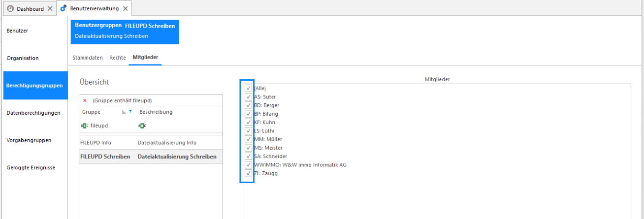 Register Mitglieder der Gruppe FILEUPD Schreiben: über die Checkboxen in der Mitgliederliste wird den einzelnen Benutzern die Berechtigung zugeteilt