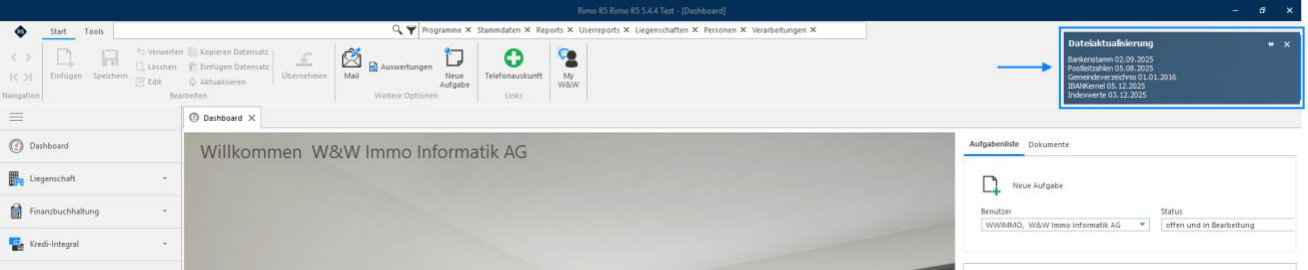 Rimo-Dashboard mit dem Benachrichtigungsfeld «Dateiaktualisierung» rechts oben, das Bankenstamm, Postleitzahlen, Gemeindeverzeichnis, IBANKernel und Indexwerte mit ihrem Stand auflistet