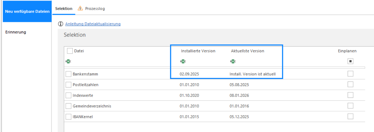 Selektion nach der Aktualisierung: beim Bankenstamm steht in der Spalte «Aktuellste Version» nun «Install. Version ist aktuell»