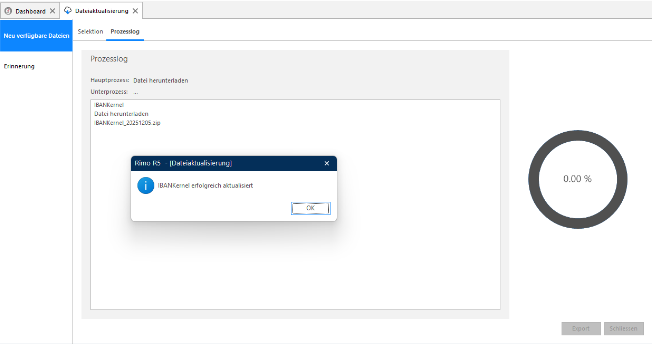 Prozesslog der IBANKernel-Aktualisierung mit dem Popup «IBANKernel erfolgreich aktualisiert»