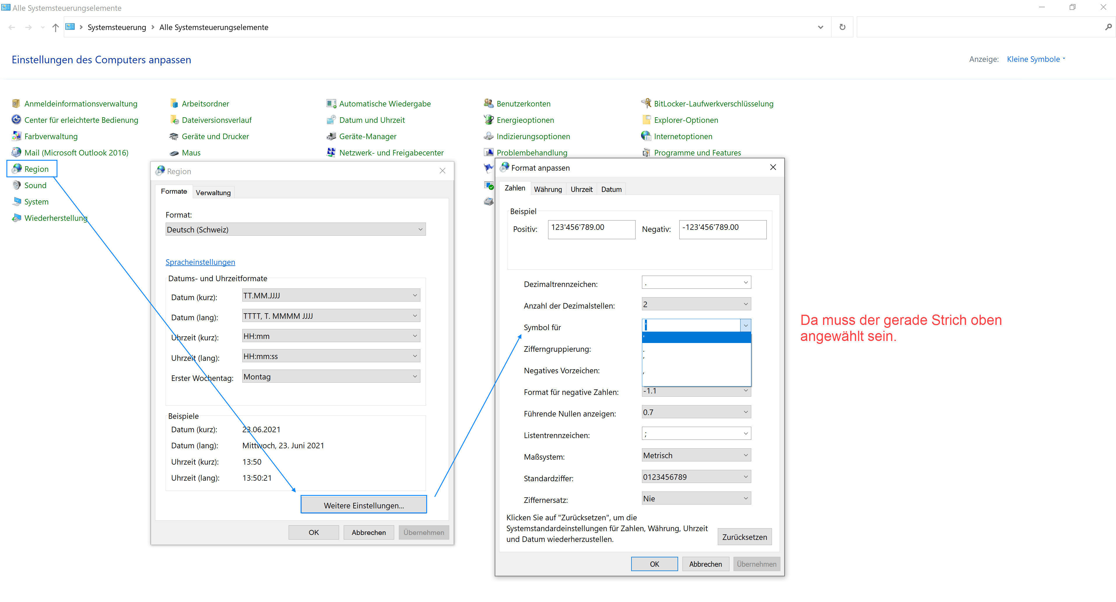 Windows 10, Systemsteuerung / Region / Formate / «Format anpassen», Register Zahlen: in der Liste «Symbol für Zifferngruppierung» muss der gerade Hochstrich gewählt sein.