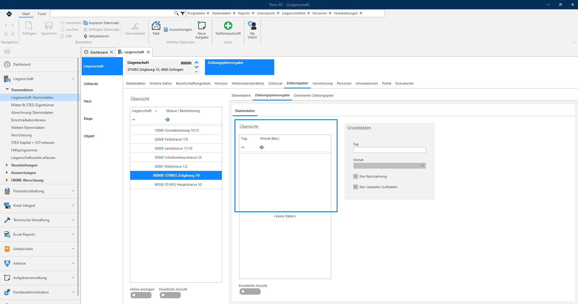 Liegenschaft-Stammdaten, Register Zahlungsplan / Zahlungsplanvorgabe: die Übersicht mit den Spalten Tag und Monat ist leer, auch die Grunddaten-Felder Tag und Monat sind leer.