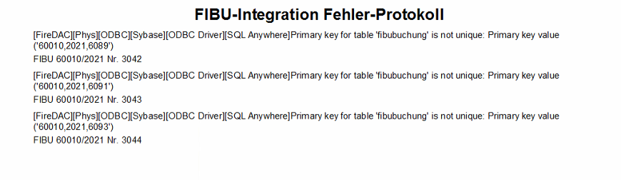 FIBU-Integration Fehler-Protokoll mit der wiederholten Meldung «Primary key for table fibubuchung is not unique», jeweils gefolgt von der betroffenen FIBU, dem Jahr und der Buchungsnummer