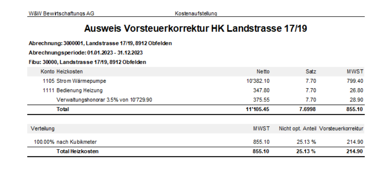 Ausweis Vorsteuerkorrektur HK: je Konto Netto, Satz 7.70 und MWST, Totalzeile mit gemischtem Satz 7.6998; unten bestimmt der «Nicht opt. Anteil» von 25.13 % die Vorsteuerkorrektur.