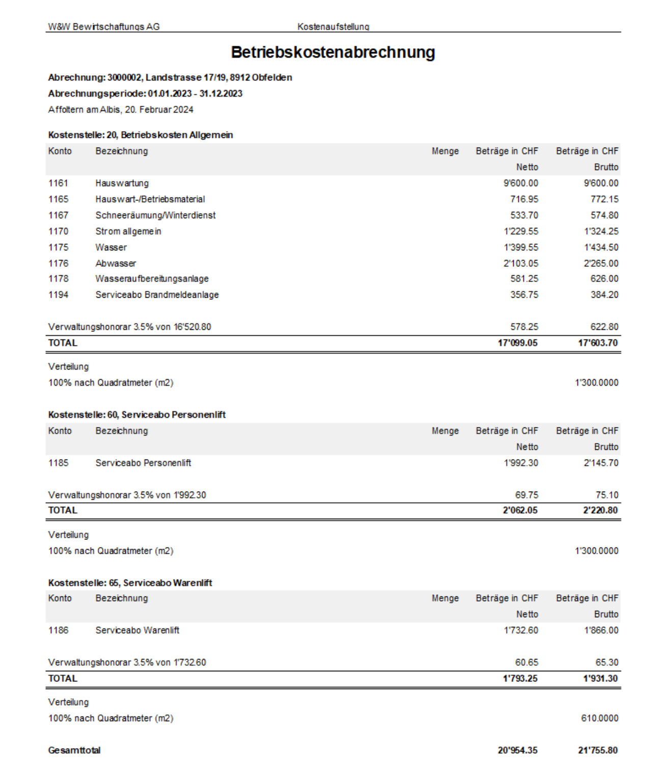 Kostenaufstellung einer Betriebskostenabrechnung mit «20 Betriebskosten Allgemein», «60 Serviceabo Personenlift» und «65 Serviceabo Warenlift», Honorar 3.5 %, Verteilung nach m2.