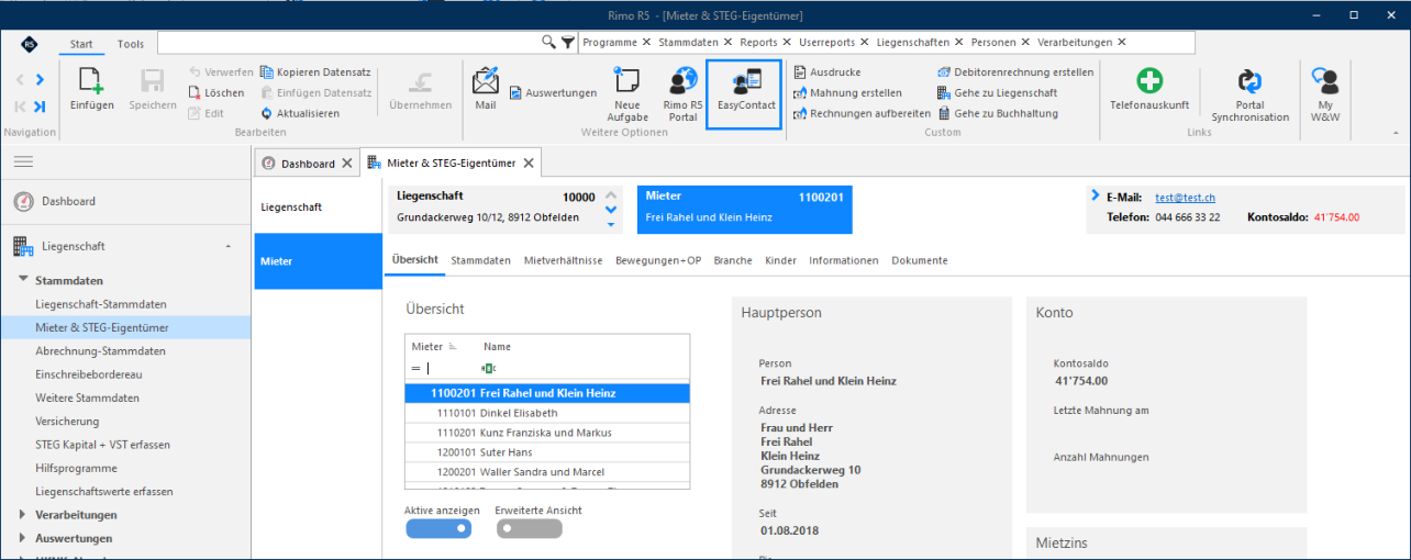Mieter & STEG-Eigentümer, Register Übersicht: bei gewähltem Mieter führt die Schaltfläche «EasyContact» im Menüband direkt ins Portal, um eine Meldung in seinem Namen abzusetzen.
