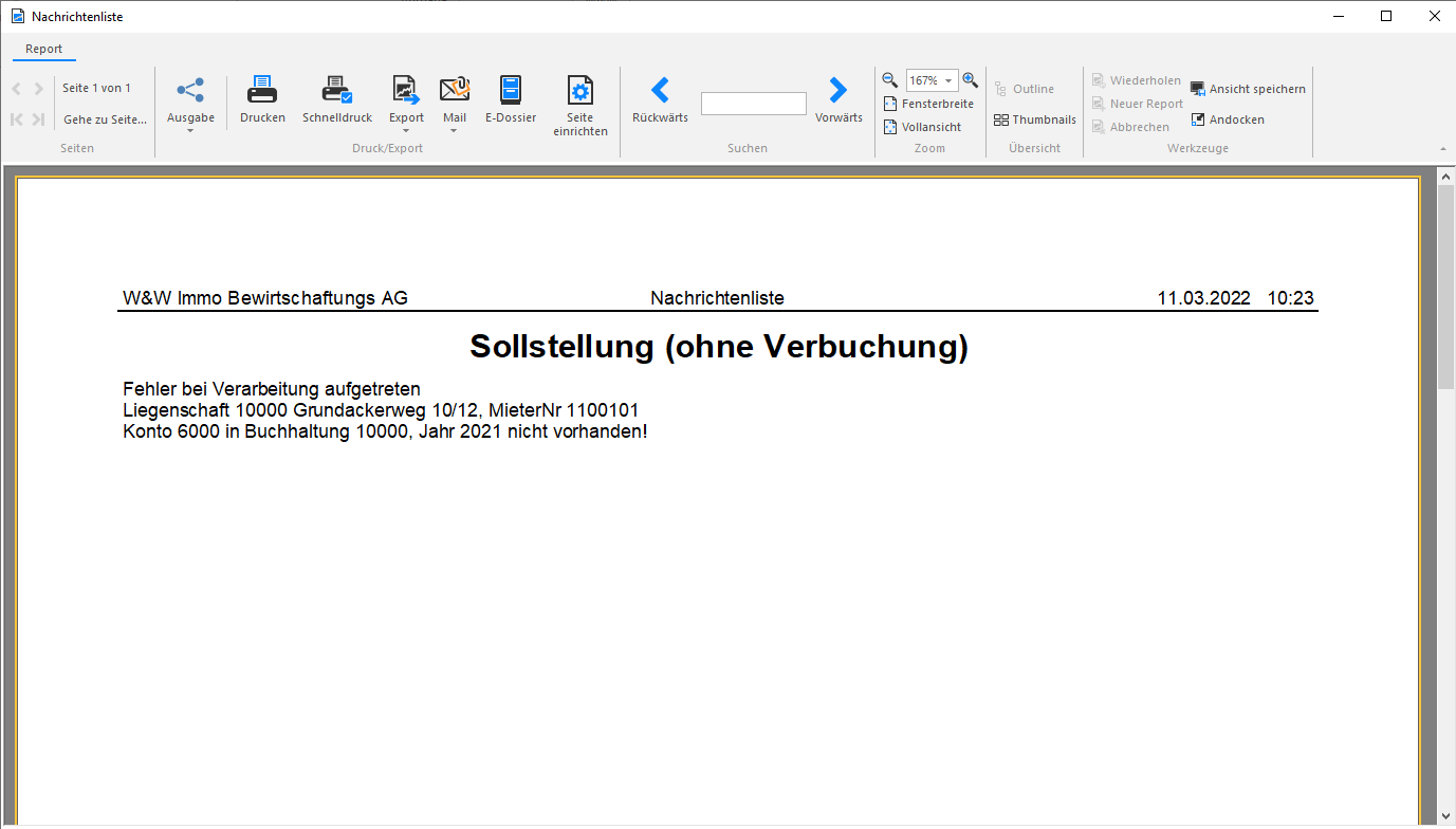 Nachrichtenliste «Sollstellung (ohne Verbuchung)» nach dem Klick auf OK: «Fehler bei Verarbeitung aufgetreten» mit der Meldung «Konto 6000 in Buchhaltung 10000, Jahr 2021 nicht vorhanden!»