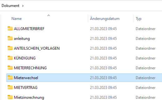 Windows-Explorer im Rimo-Ordner «Dokument»: markiert ist der Unterordner «Mieterwechsel», daneben unter anderem ALLGMIETERBRIEF, KÜNDIGUNG, MIETERRECHNUNG und MIETVERTRAG.